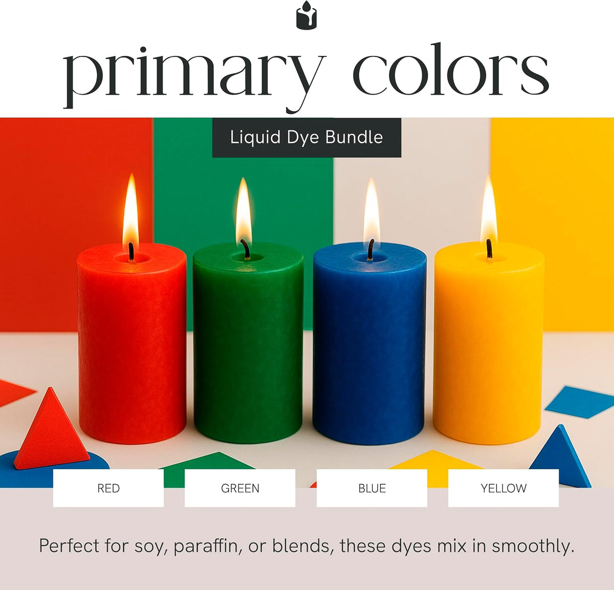 Primary Colors Liquid Candle Dye Bundle, Highly Concentrated Liquid Dyes for Candle Making in 4 Shades, Red, Green, Blue, & Yellow, Fully Soluble for Flawless Blending, 1 oz Each