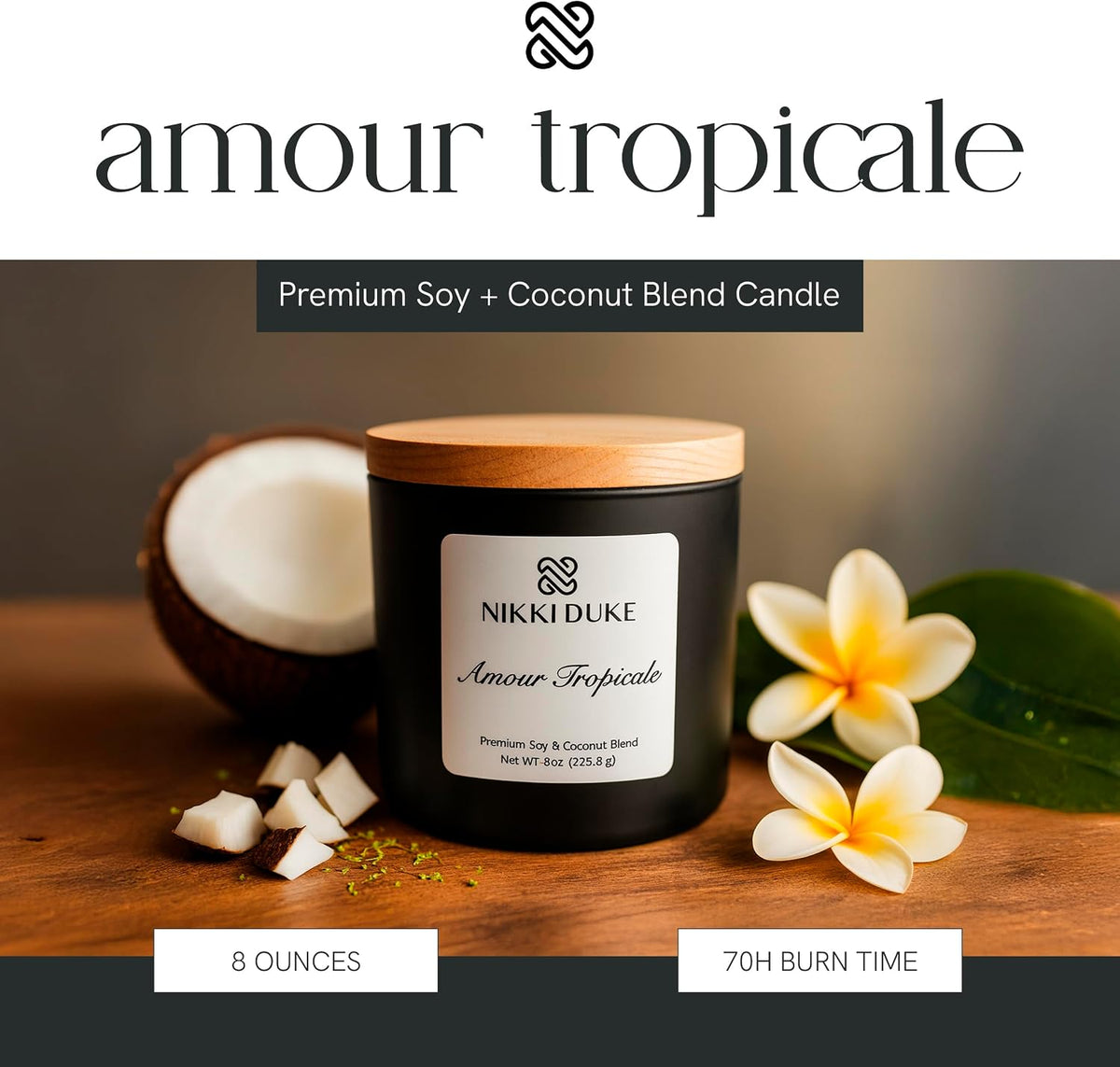 Amour Tropicale Candle, Hand-Poured Soy & Coconut Wax Blend, Tropical Aroma with Hibiscus, Coconut, Lime & Island Floral Notes, 40 Hr Even Burn Candles for Home Scented Collection, 8 oz Jar