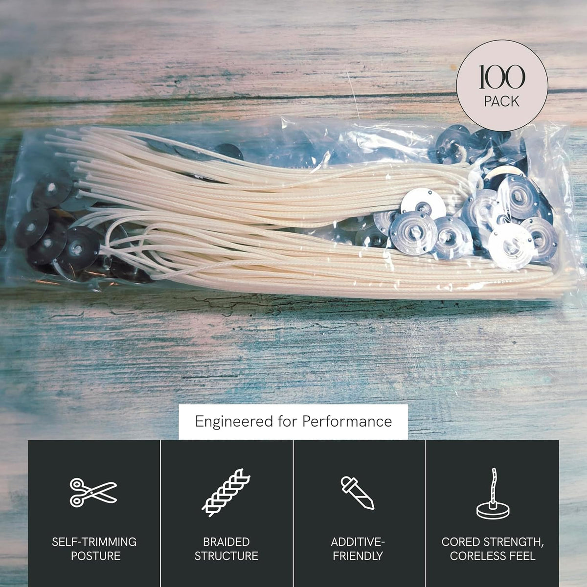 HTP-41 Candle Making Wicks, Pre-Tabbed, Rigid, Self-Trimming Wicks for Candlemaking, Works with Paraffin, Gel & Vegetable Wax, 6" Length, Pack of 100