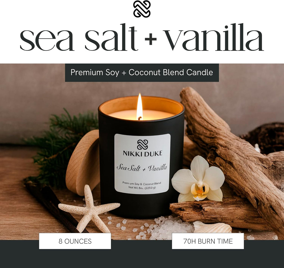 Sea Salt & Vanilla Candle, Hand-Poured Soy & Coconut Wax Blend, Soothing Aroma with Ocean Air & Creamy Vanilla Notes, 40 Hr Even Burn Candles for Home Scented Collection, 8 oz Jar