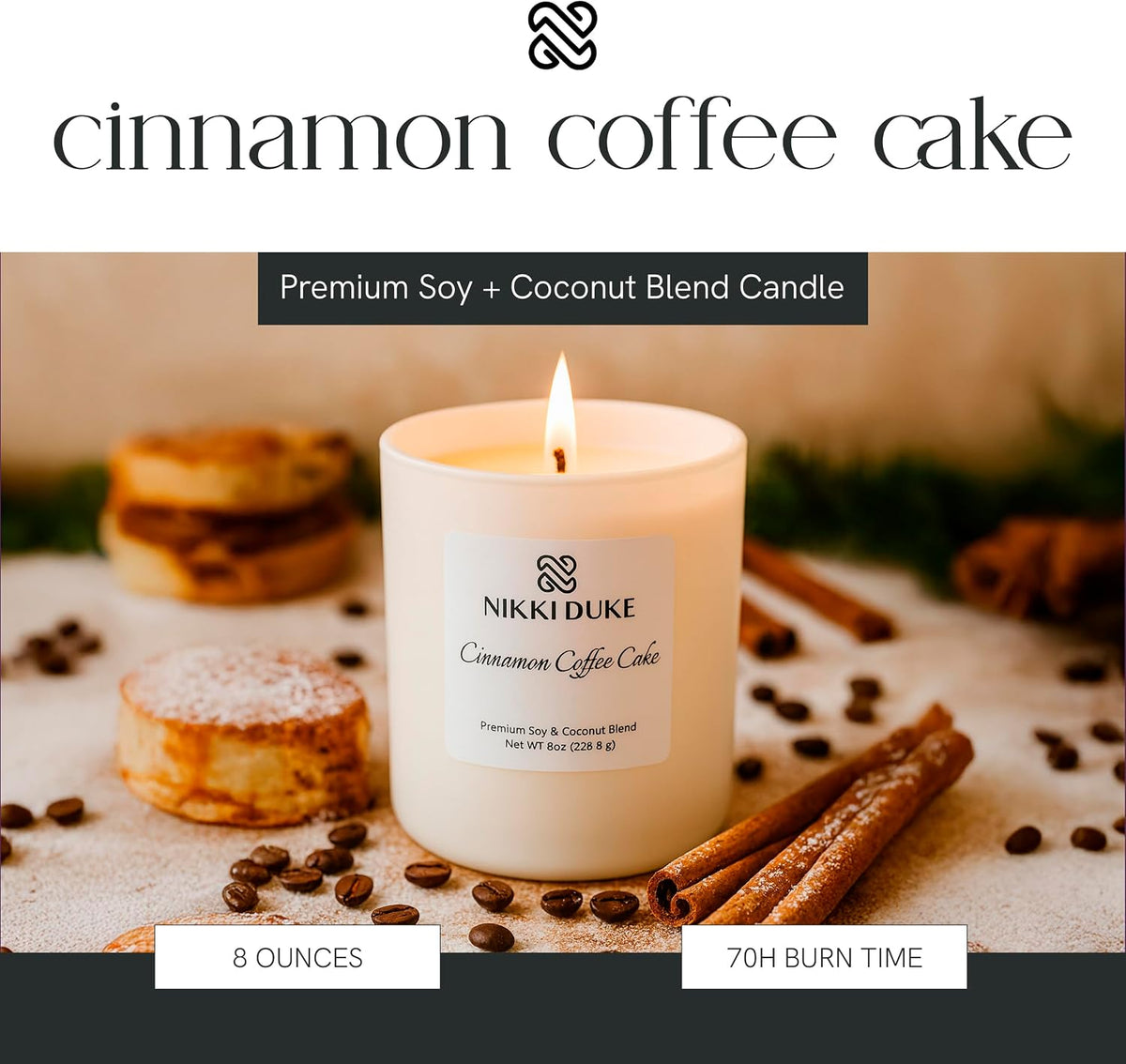 Cinnamon Coffee Cake Candle, Hand-Poured Soy & Coconut Wax Blend, Candles for Home Scented Collection, Cozy Cinnamon Coffee Cake Aroma, 40 Hr Even Burn, 8 oz Jar