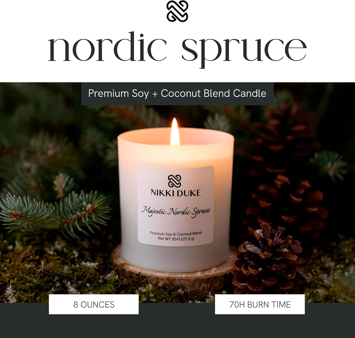 Majestic Nordic Spruce Candle, Hand-Poured Soy & Coconut Wax Blend, Fresh Aroma with Evergreen Spruce & Crisp Pine Notes, 40 Hr Even Burn Candles for Home Scented Collection, 8 oz Jar