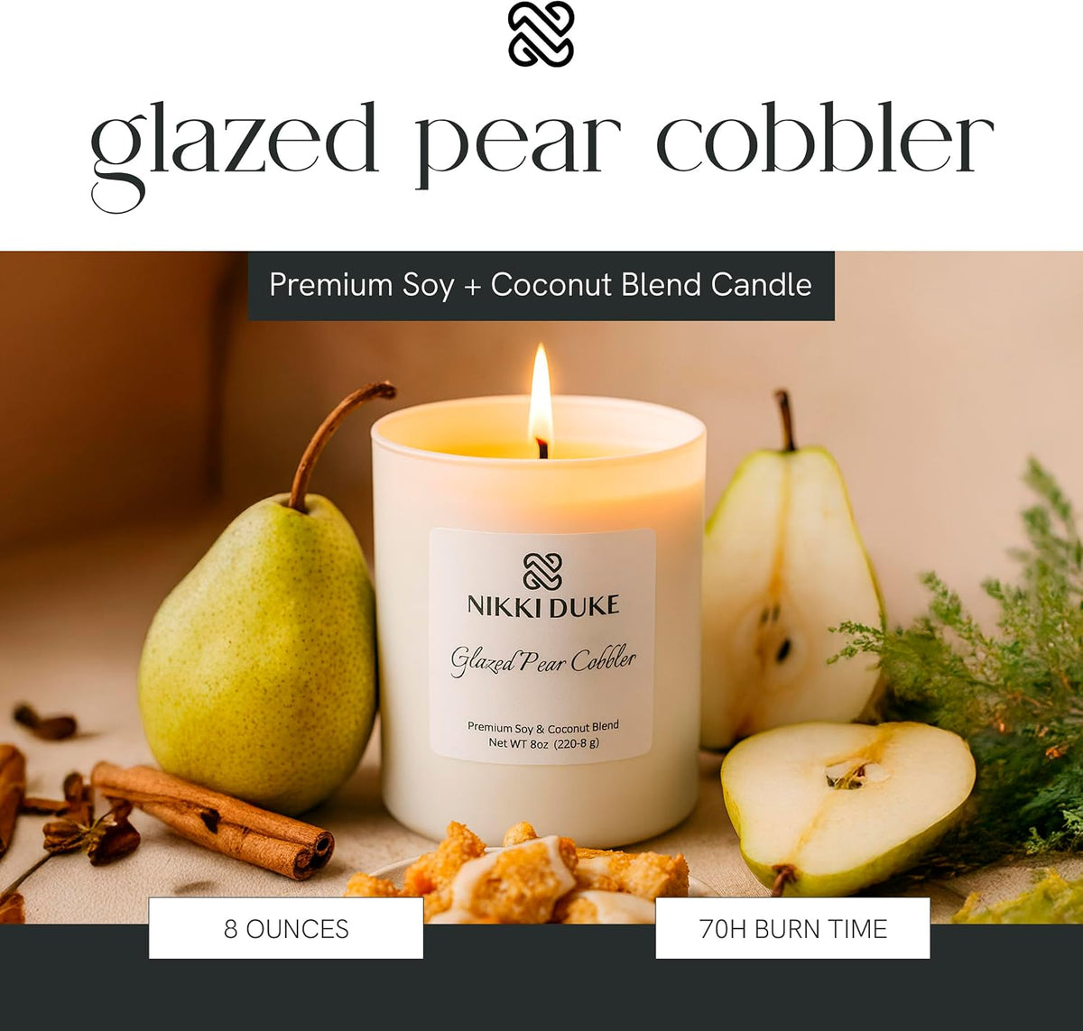 Glazed Pear Cobbler Candle, Hand-Poured Soy & Coconut Wax Blend, Candles for Home Scented Collection, Warm Glazed Pear Cobbler Aroma, 40 Hr Even Burn, 8 oz Jar