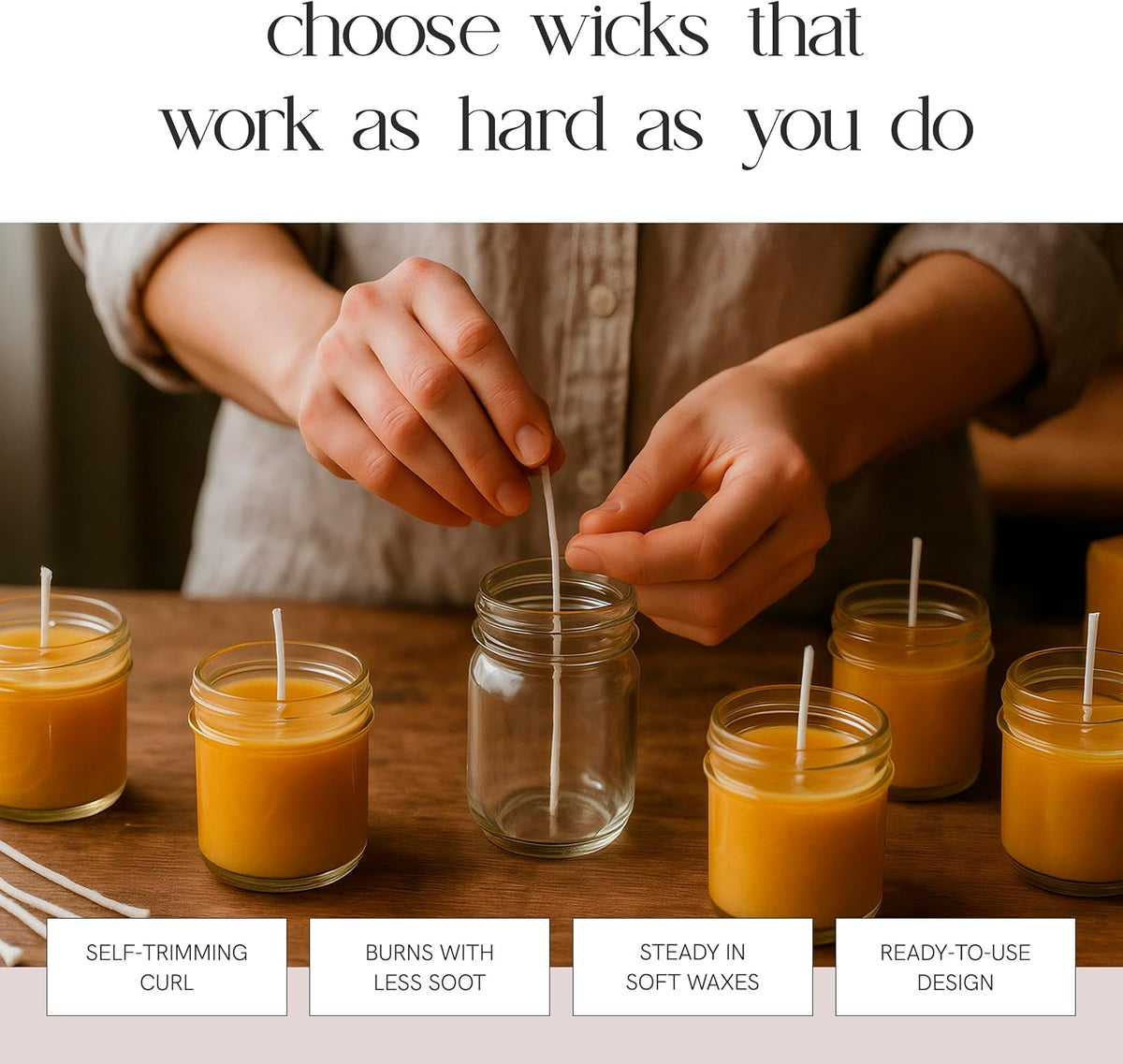 6" Eco Candle Making Wicks, Self-Trimming Design, Coreless Cotton Wicks for Candle Making, Ideal for DIY, Ideal for Low Melt-Point Waxes, Size ECO-1, Pack of 100