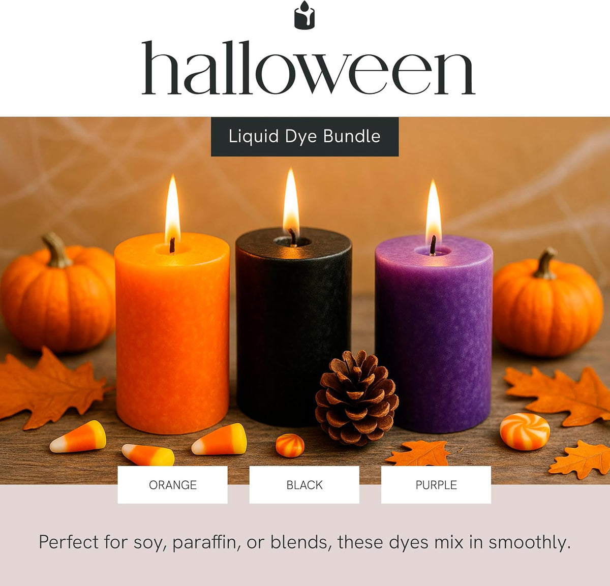 Halloween Liquid Candle Dye Bundle, Highly Concentrated Liquid Dyes for Candle Making in 3 Festive Shades, Black, Orange & Purple, Fully Soluble for Flawless Blending, 1 oz Each
