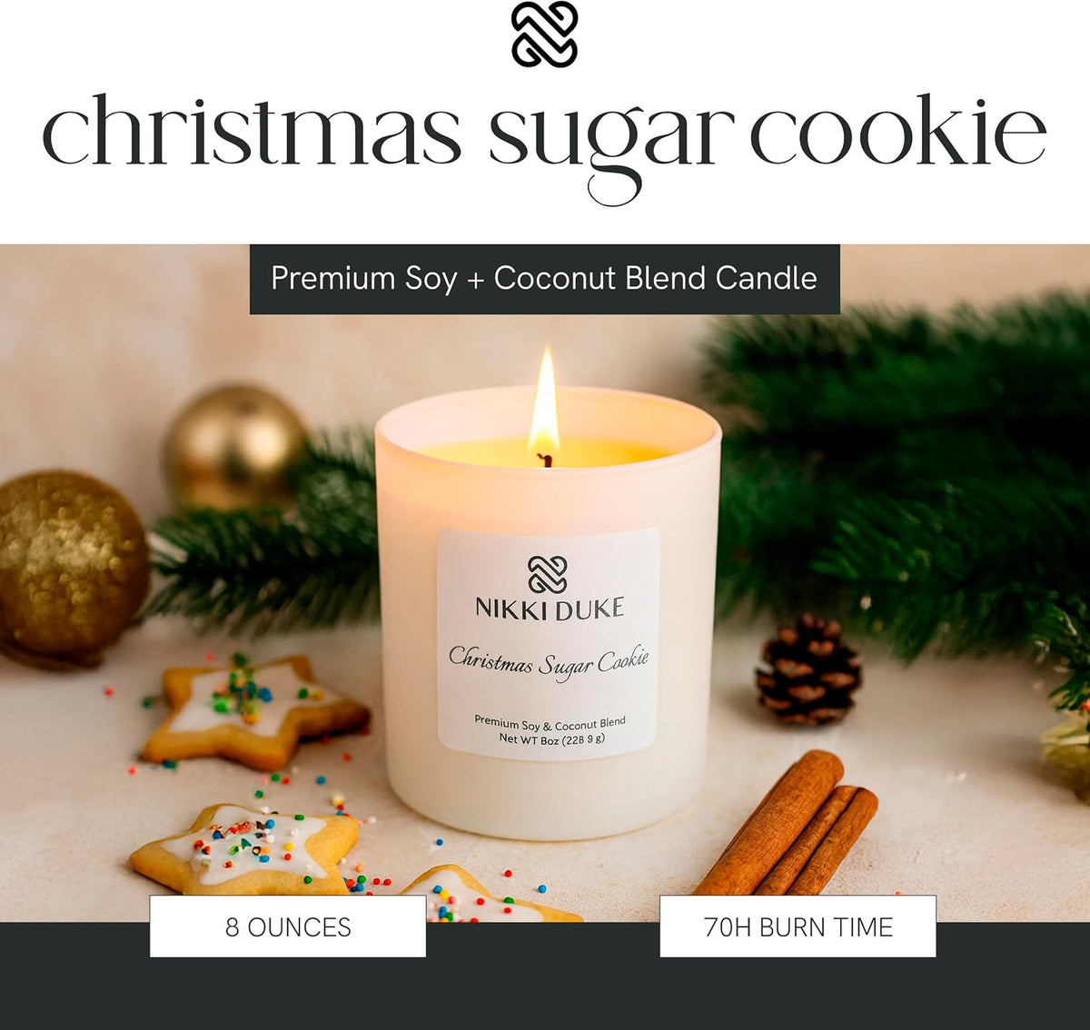 Christmas Sugar Cookie Candle, Hand-Poured Soy & Coconut Wax Blend, Sweet Aroma with Butter, Vanilla & Nutmeg Notes, 40 Hr Even Burn Candles for Home Scented Collection, 8 oz Jar