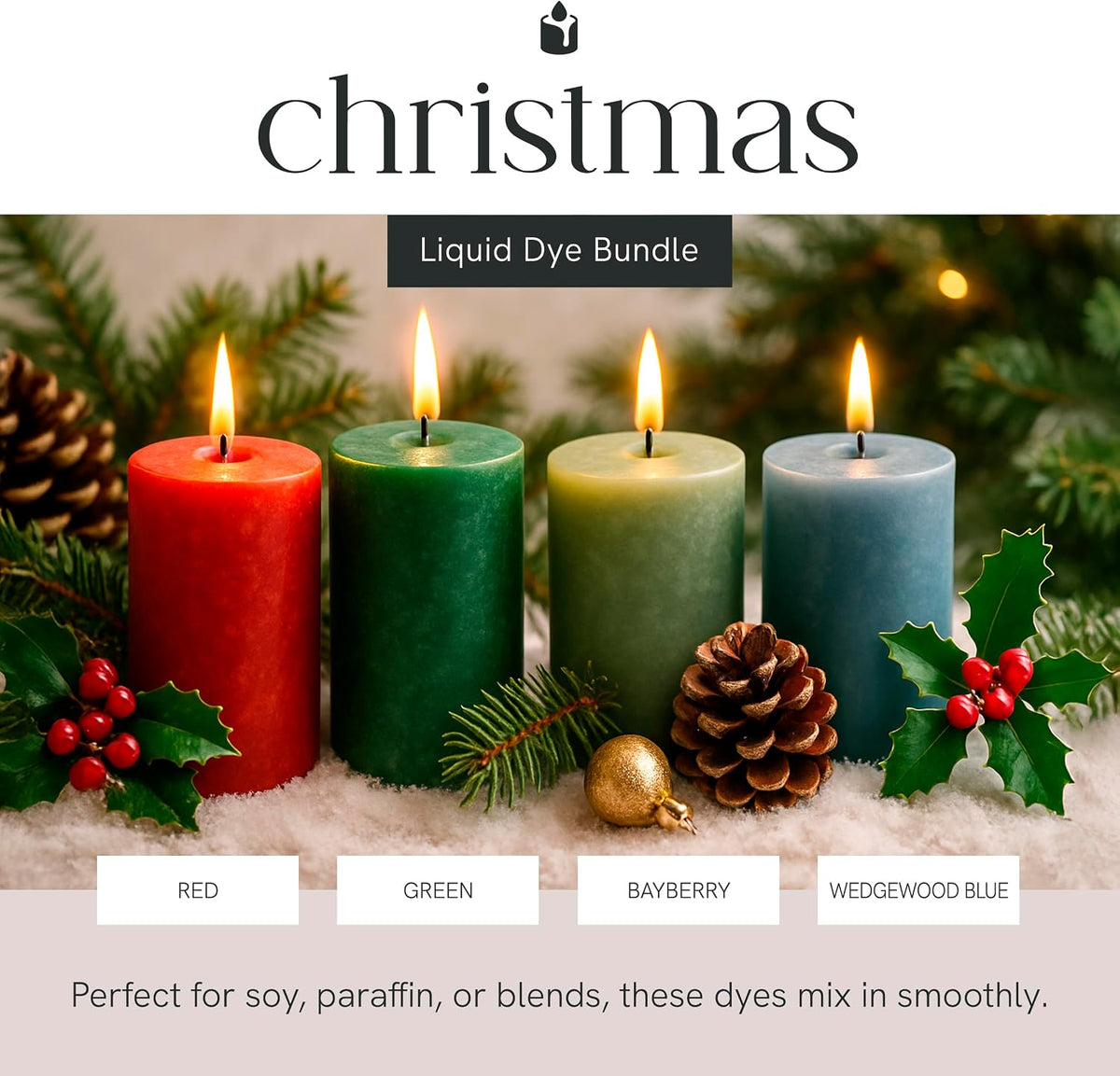 Christmas Liquid Candle Dye Bundle, Highly Concentrated Liquid Dyes for Candle Making in 4 Shades, Red, Green, Bayberry/Eucalyptus & Wedgewood Blue, Soluble for Flawless Blending, 1 oz Each