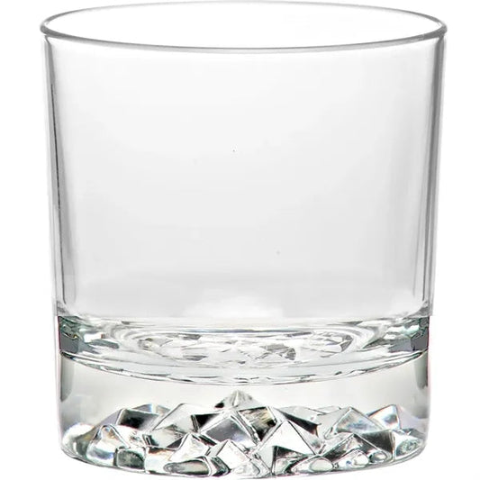 Clear glass tumbler with textured base in the Nevado Denver OTR product display
